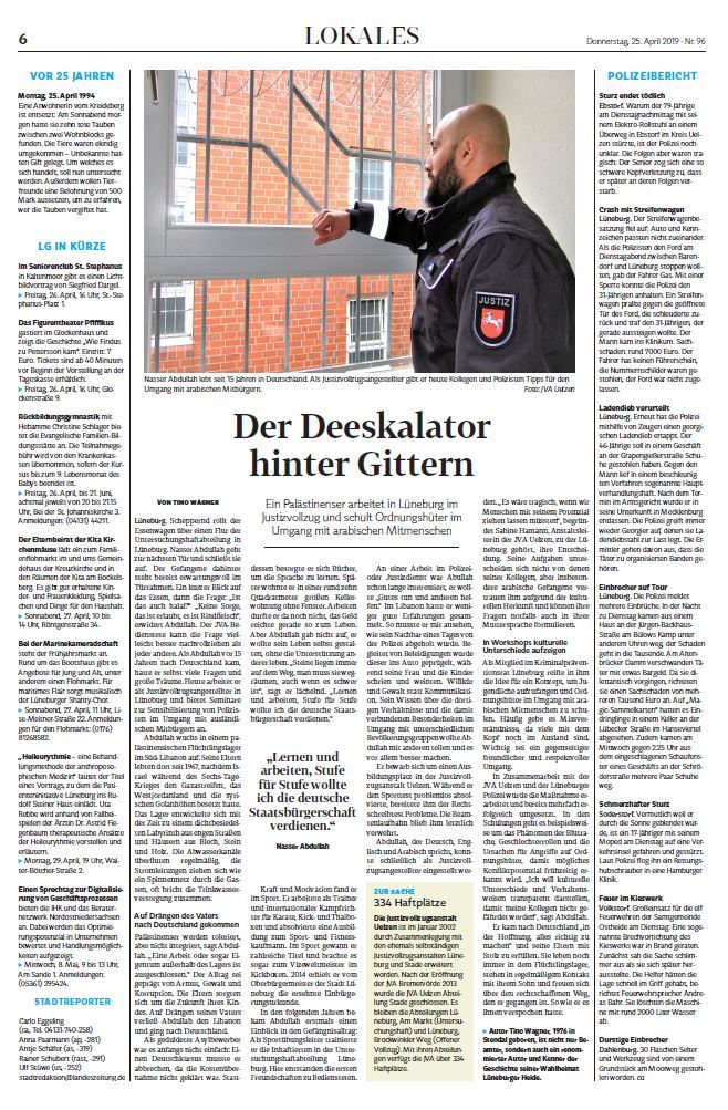 Scan einer Seite der Landeszeitung vom 25.04.2019, in der, unter dem Titel "Der Deeskalator hinter Gittern", von einem Bediensteten der JVA Uelzen berichtet wurde