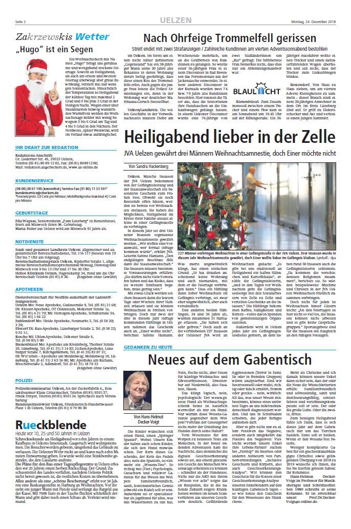 gescannte Zeitungsseite vom 24.12.2018 mit dem Titel "Heiligabend lieber in der Zelle"
