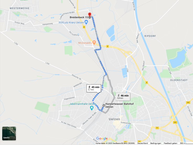 Kartenausschnitt Google-Maps mit der eingezeichneten Strecke vom Bahnhof Uelzen zur JVA Uelzen (PNG, 1051 x 789, nicht barrierefrei)